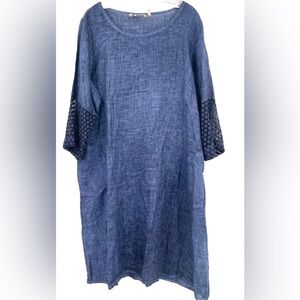 Soft Surroundings Blue Linen 100% Crochet Sleeve Dress Small‎ Lagenlook minimal